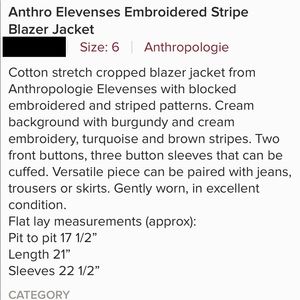 Anthro Elevenses Embroidered Stripe Blazer Jacket